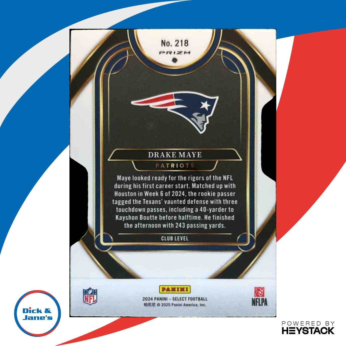 2024 Panini Select Drake Maye Silver Prizm Die-Cut #218 RC New England Patriots