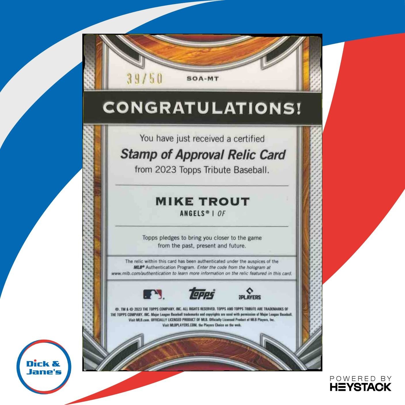 2023 Topps Tribute Mike Trout Stamp of Approval GAME USED Relics Purple 39/50
