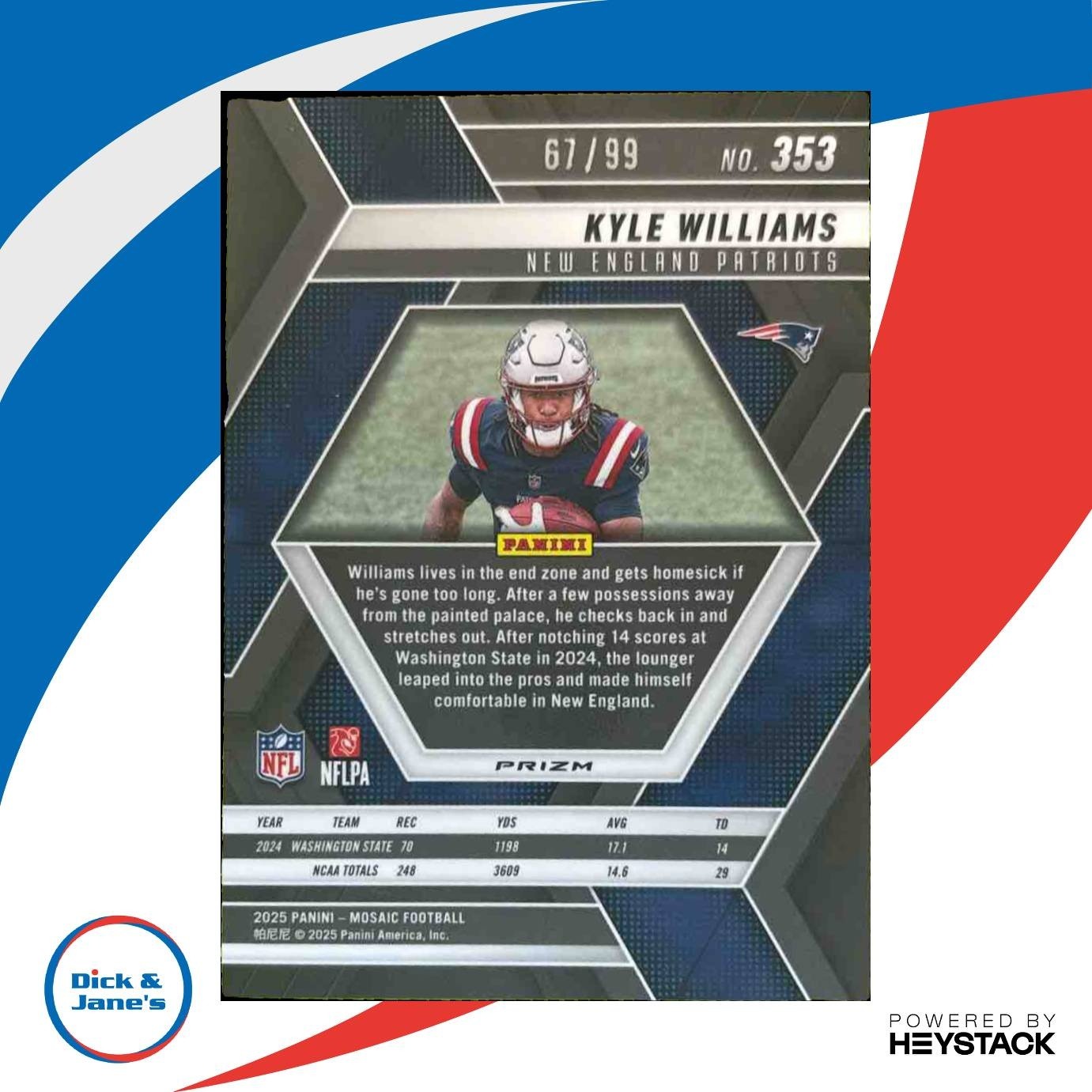 2025 Mosaic Kyle Williams Rookies Blue Prizm /99 #353 RC New England Patriots