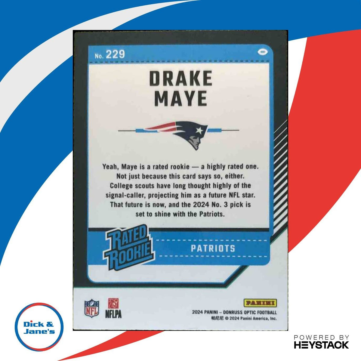 2024 Panini Donruss Optic Drake Maye #229 Rated Rookie New England Patriots