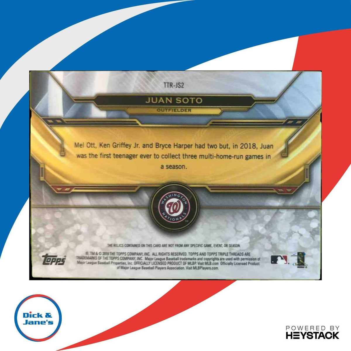 2019 Topps Triple Threads Juan Soto Relics Amethyst /27 MEM Washington Nationals
