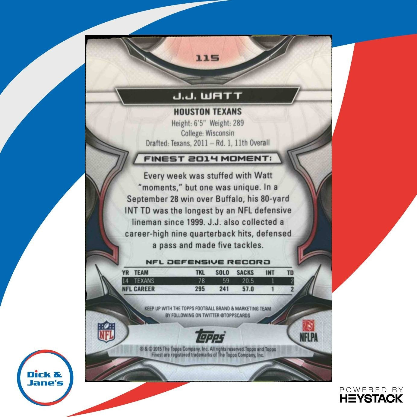2015 Topps Finest J.J. Watt Refractor #115 Houston Texans