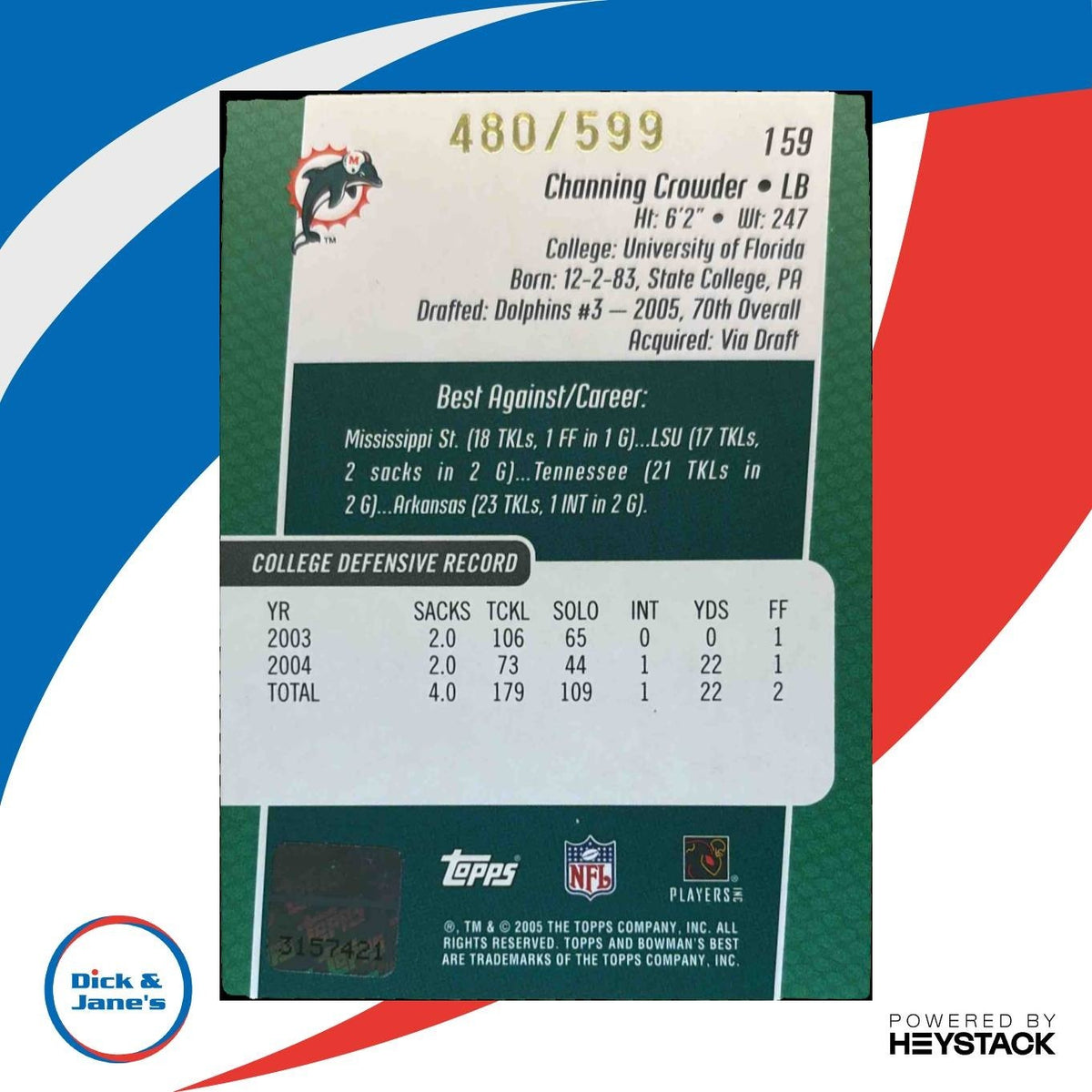 2005 Bowman's Best Channing Crowder Green 480/599 #159 Auto RC Miami Dolphins