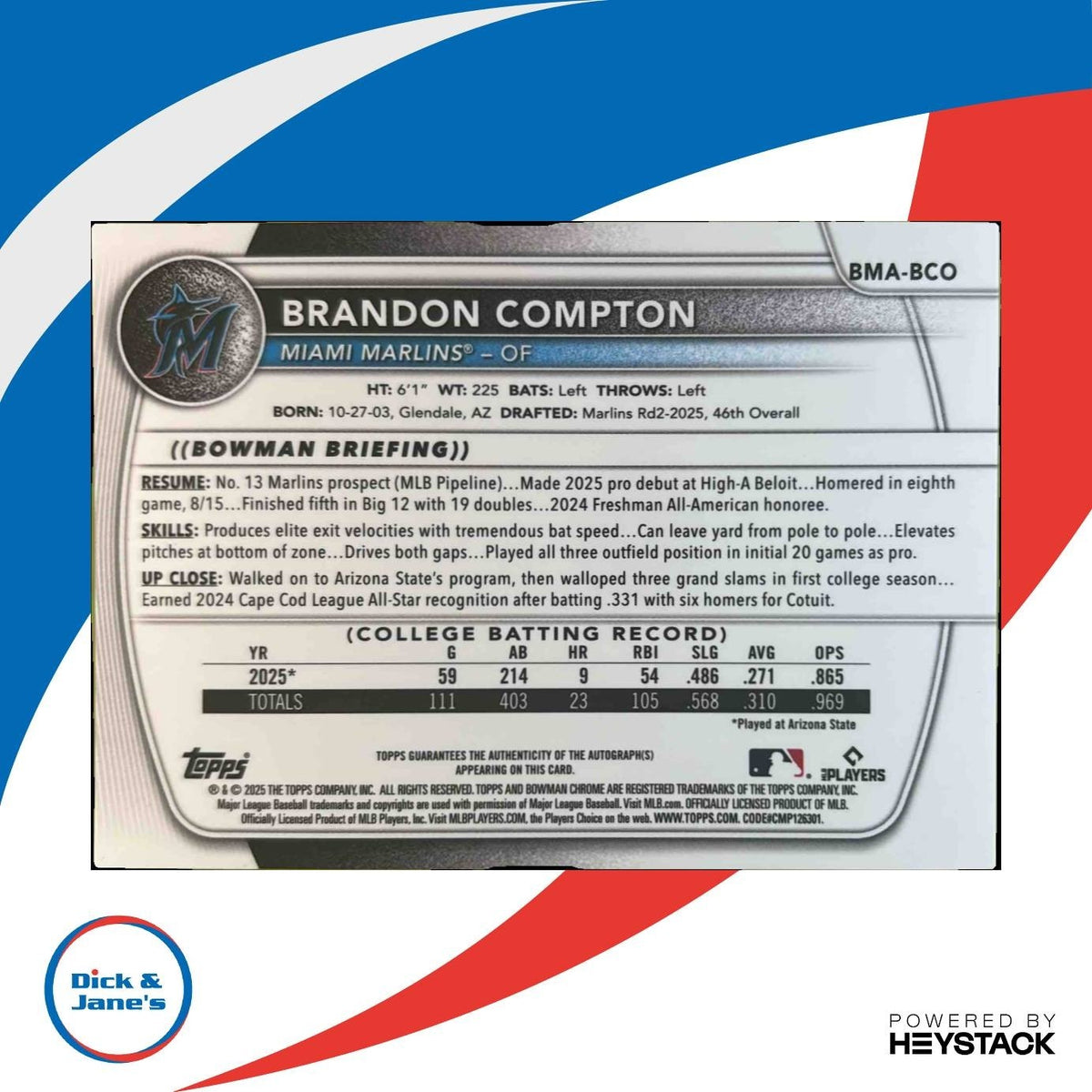 2025 Bowman Draft Brandon Compton Chrome Auto Gold Mojo /50 1st Prospect Marlins