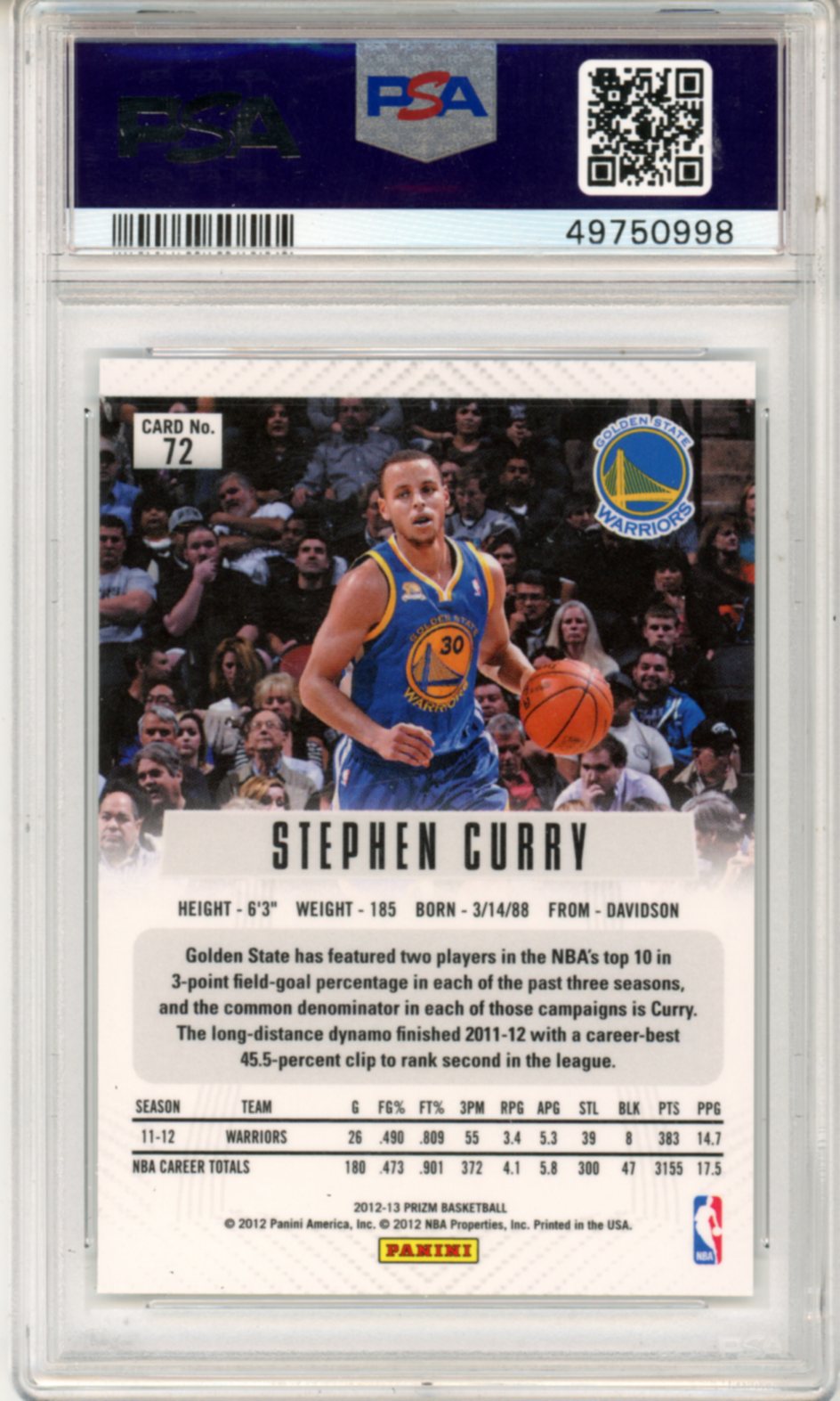 2012 Panini Prizm Stephen Curry #72 PSA 10