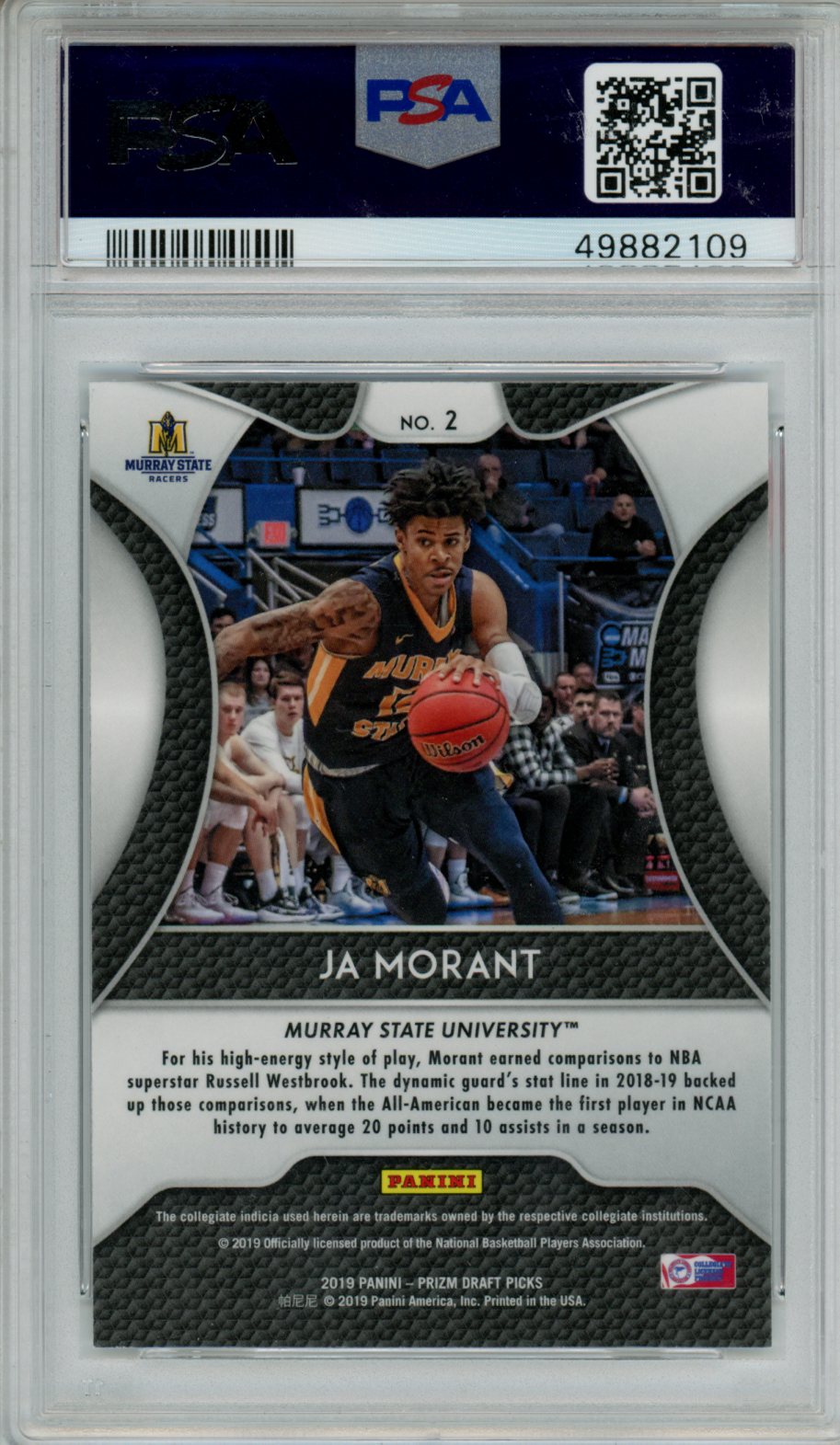 2019 Panini Prizm Draft Picks Ja Morant Rookie #2 PSA 10 Memphis Grizzlies