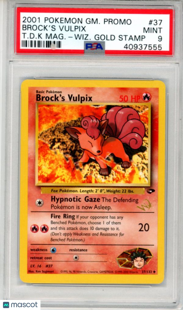2001 Pokemon Game Promo Top Dk. Mag Wizard Gold Stamp #37 Brock's Vulpix PSA 9
