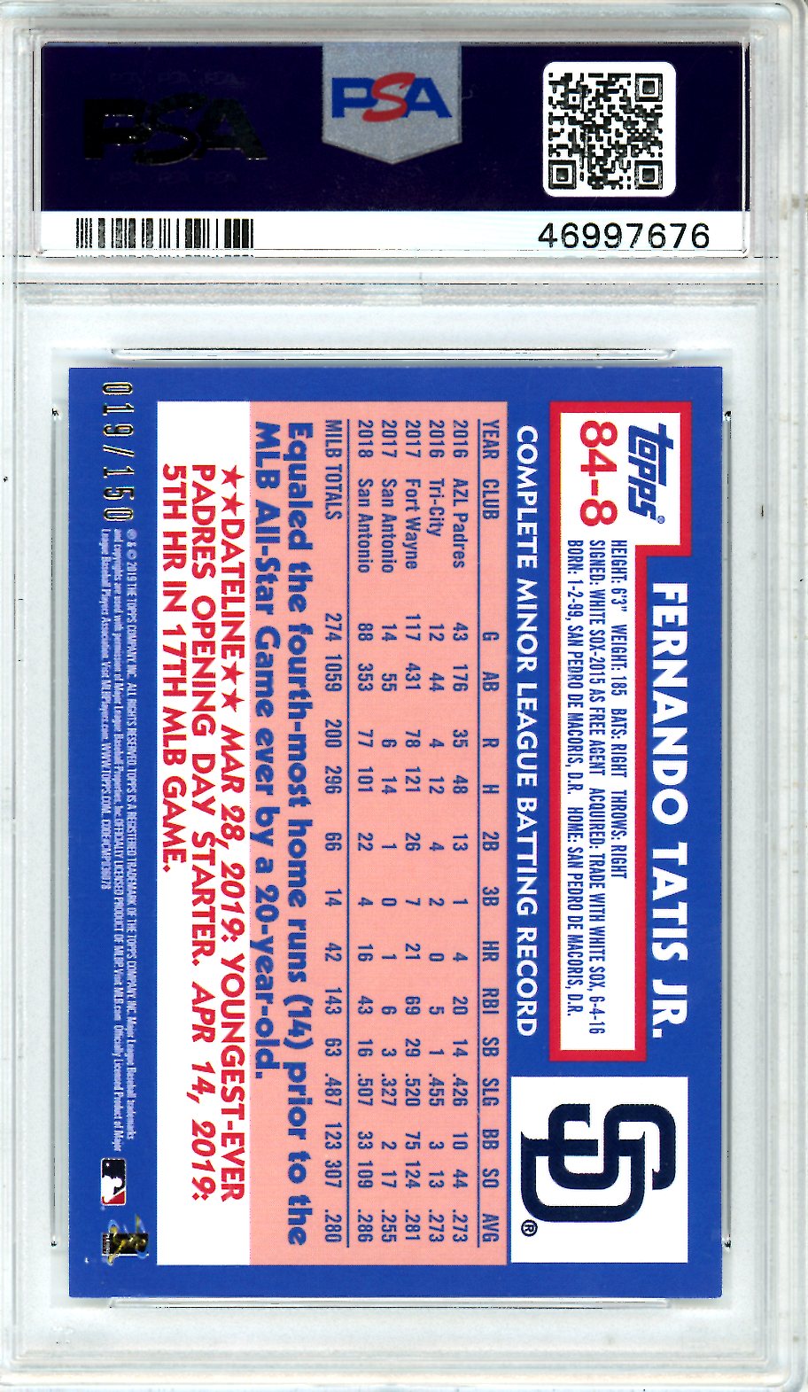 2019 Topps Update 1984 Topps Fernando Tatis JR. 150th Anniversary /150 PSA 9
