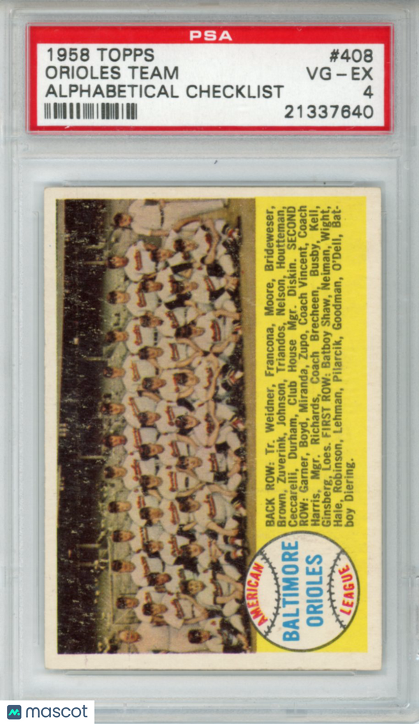 1958 Topps Orioles Team #408 PSA 4 Baseball