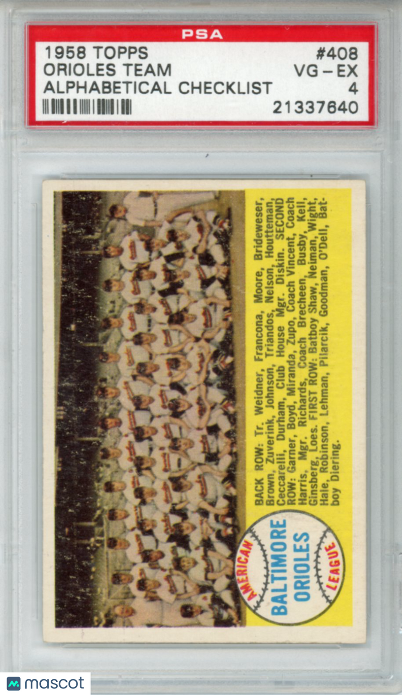 1958 Topps Orioles Team Alphabetical Checklist
