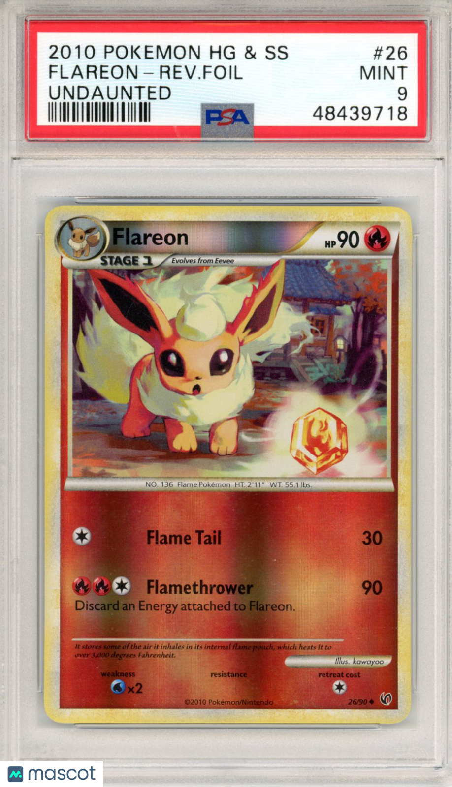 2010 Pokemon Heartgold & Soulsilver Undaunted Flareon #26 Rev. Foil PSA 9 MINT
