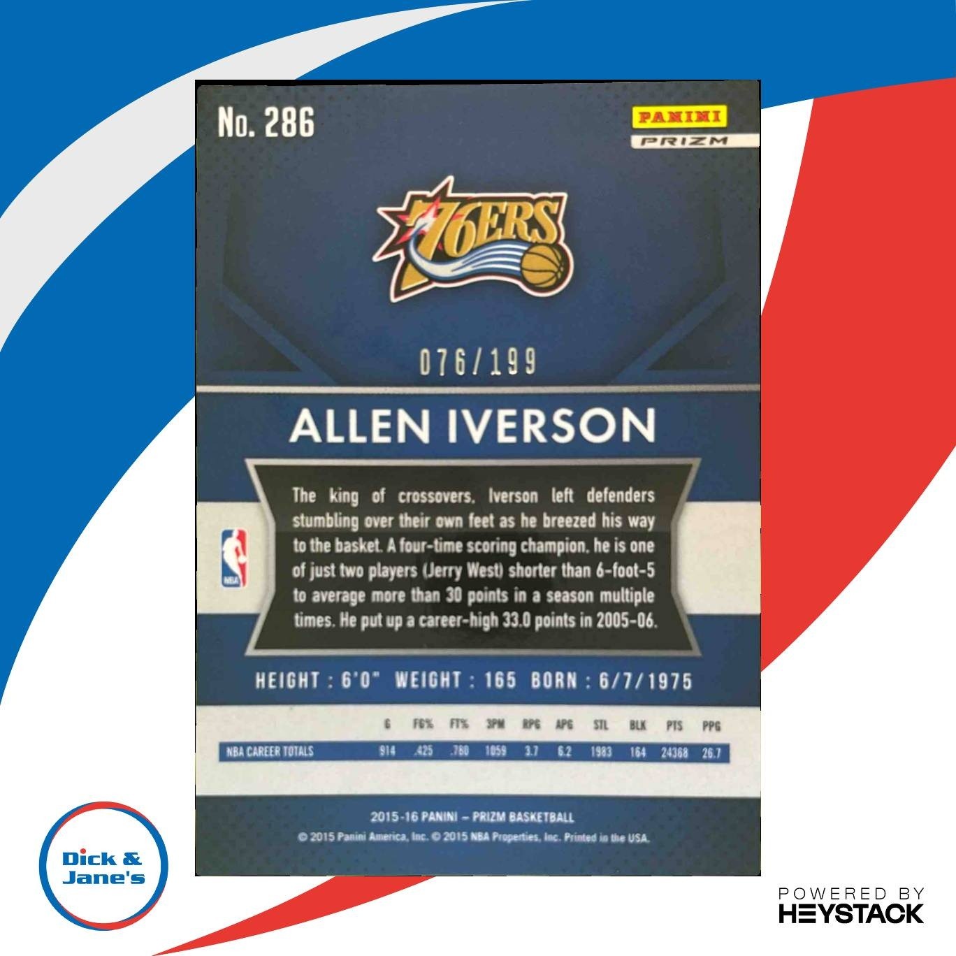 2015-16 Panini Prizm Allen Iverson Light Blue /199 #286 Philadelphia 76ers