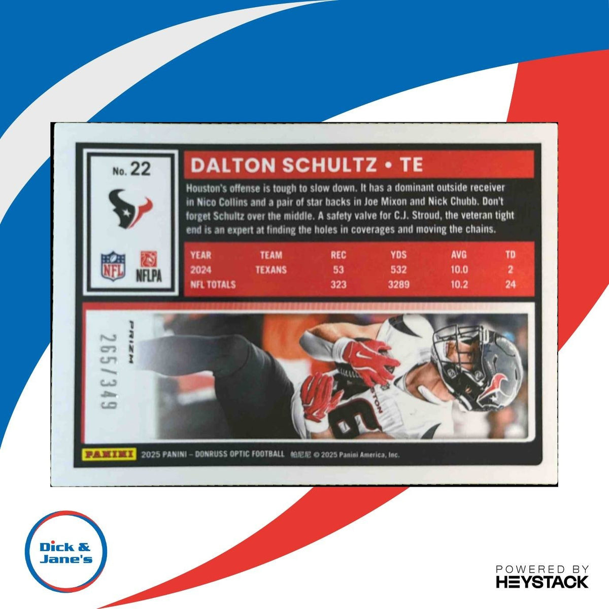 2025 Panini Donruss Optic Dalton Schultz Aqua /349 #22 Houston Texans