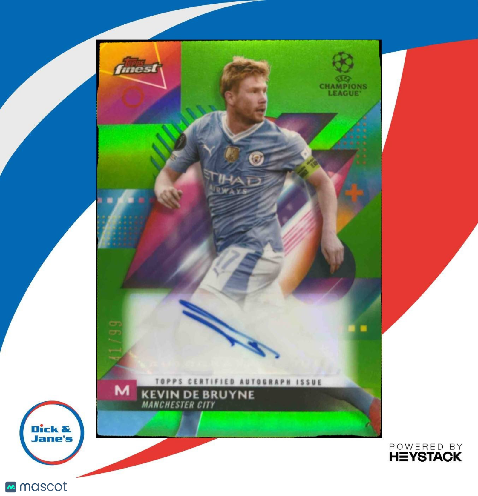 2023-24 Topps Finest Kevin De Bruyne Auto Neon Green 41/99 #A-KD Manchester City