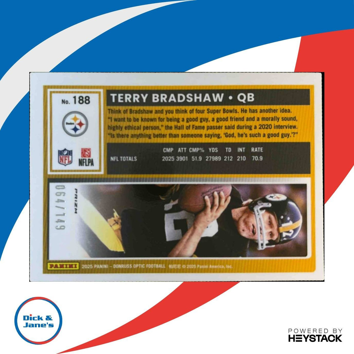 2025 Panini Donruss Optic Terry Bradshaw Red /149 #188 Pittsburgh Steelers