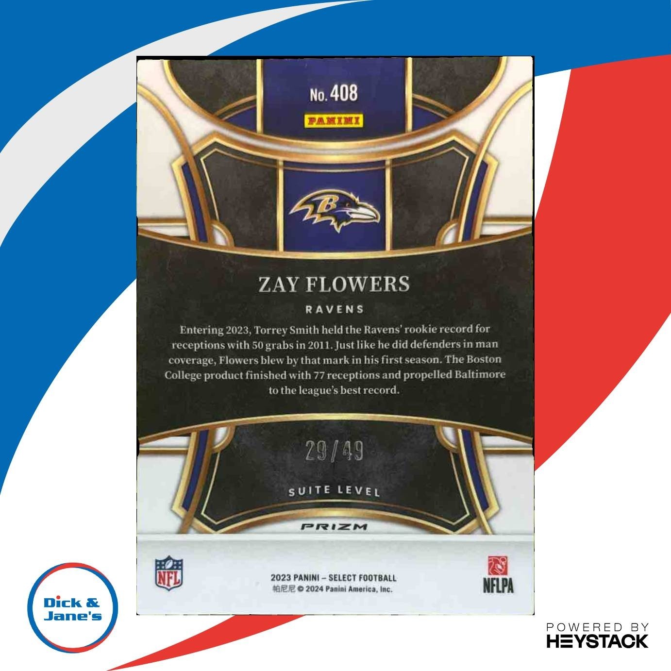 2023 Panini Select Zay Flowers Red Prizms 29/49 #408 RC Suite Baltimore Ravens