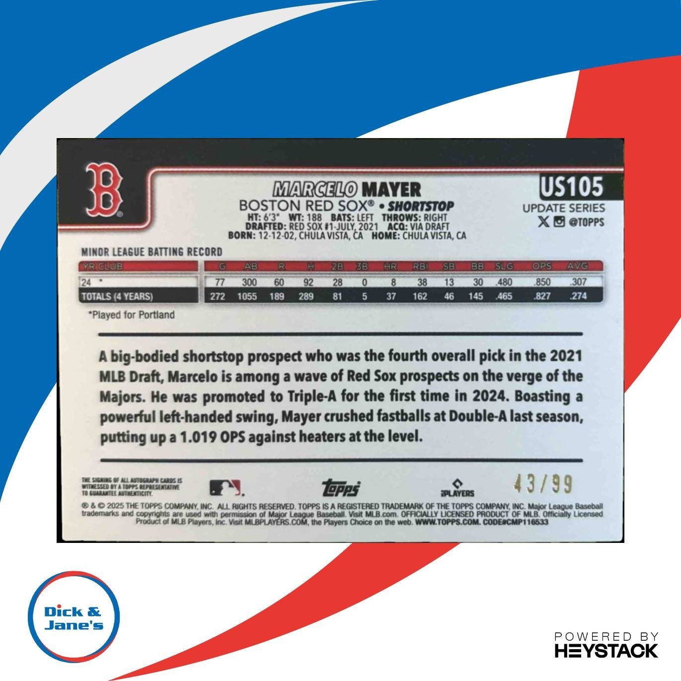 2025 Topps Update Marcelo Mayer Real One Auto Green Foil /99 #US105 RC Red Sox