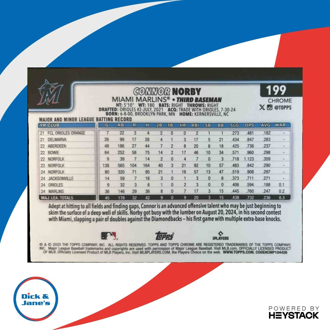 2025 Topps Chrome LogoFractor Connor Norby Black /10 #199 RC Miami Marlins