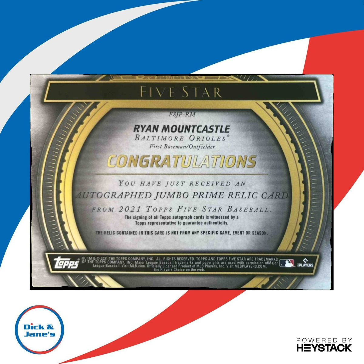 2021 Topps Five Star Ryan Mountcastle Auto Jumbo Relic Gold /10 RC Orioles