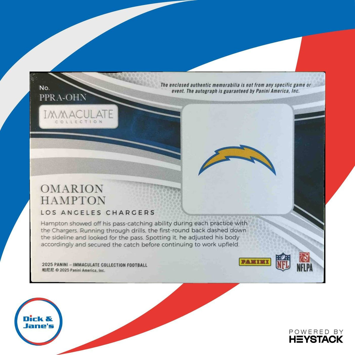 2025 Immaculate Collection Omarion Hampton Premium Patch Auto 1/99 RC Chargers