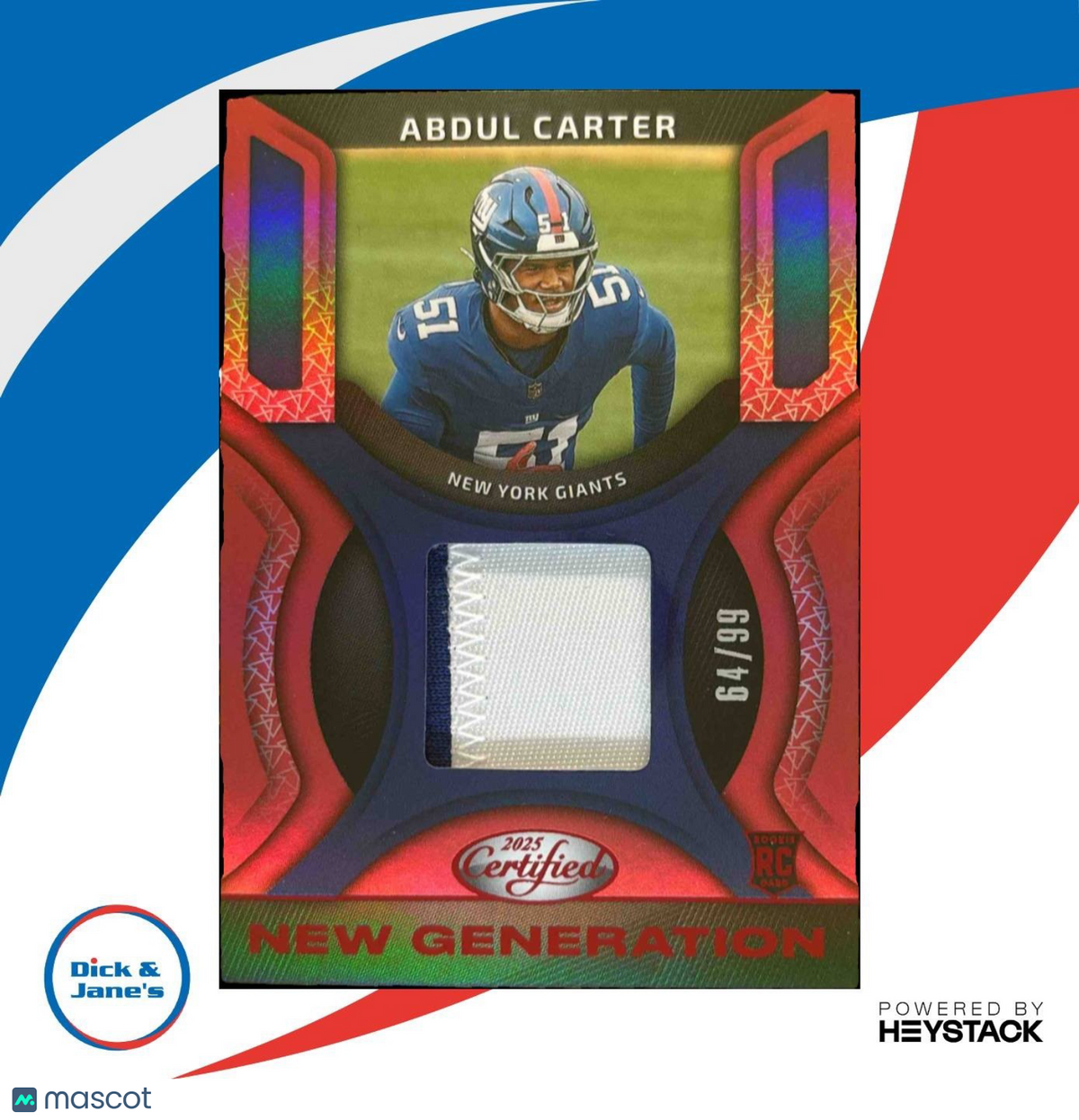 2025 Panini Certified Abdul Carter New Generation Jerseys Mirror Red /99 Giants