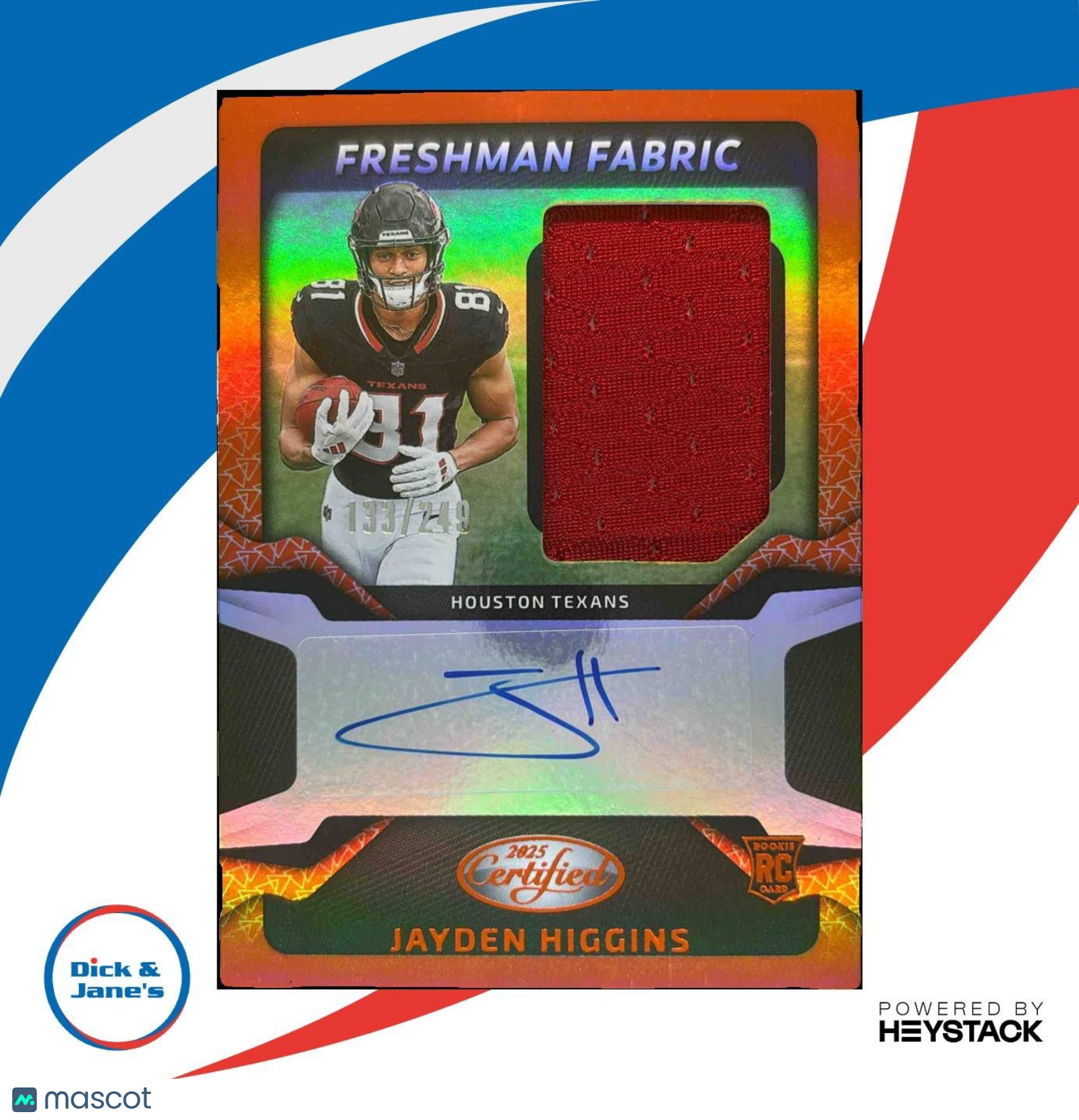 2025 Certified Jayden Higgins Freshman Fabric Mirror Signatures Orange /249 RC