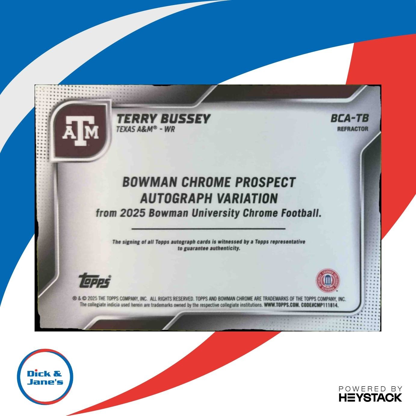 2025 Bowman Chrome University Terry Bussey Prospect Auto Refractor /299 Aggies