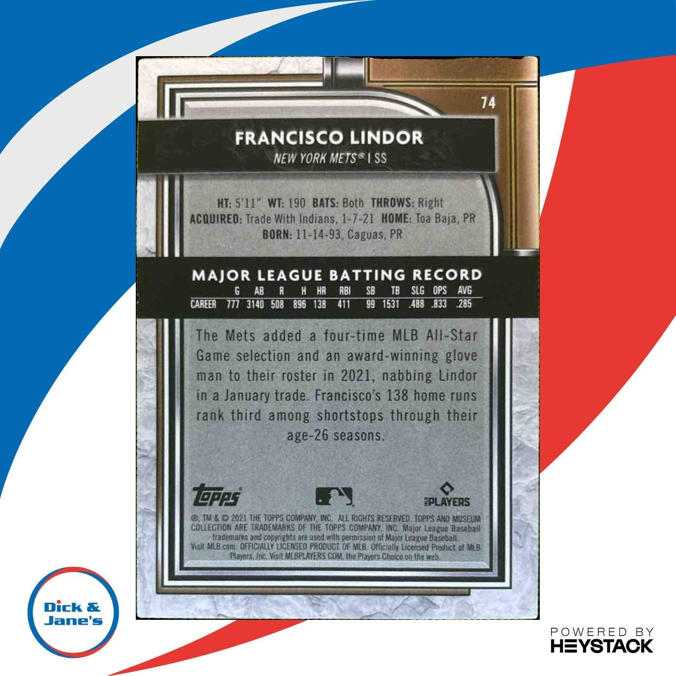 2021 Topps Museum Collection Francisco Lindor Amethyst 74/99 #74 New York Mets