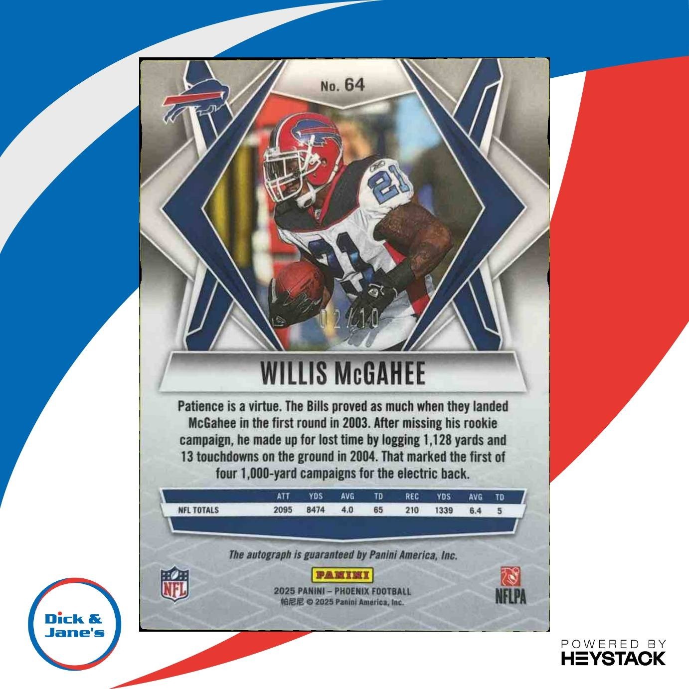 2025 Panini Phoenix Willis McGahee Auto Gold /10 #64 Buffalo Bills