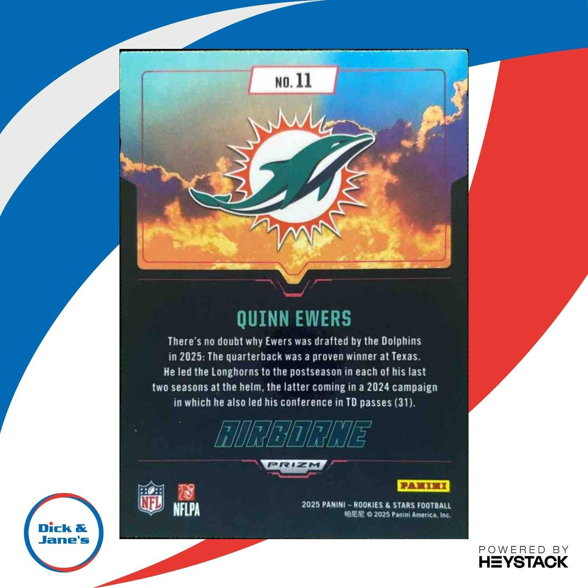2025 Panini Rookies & Stars Quinn Ewers Airborne Silver #11 RC Miami Dolphins