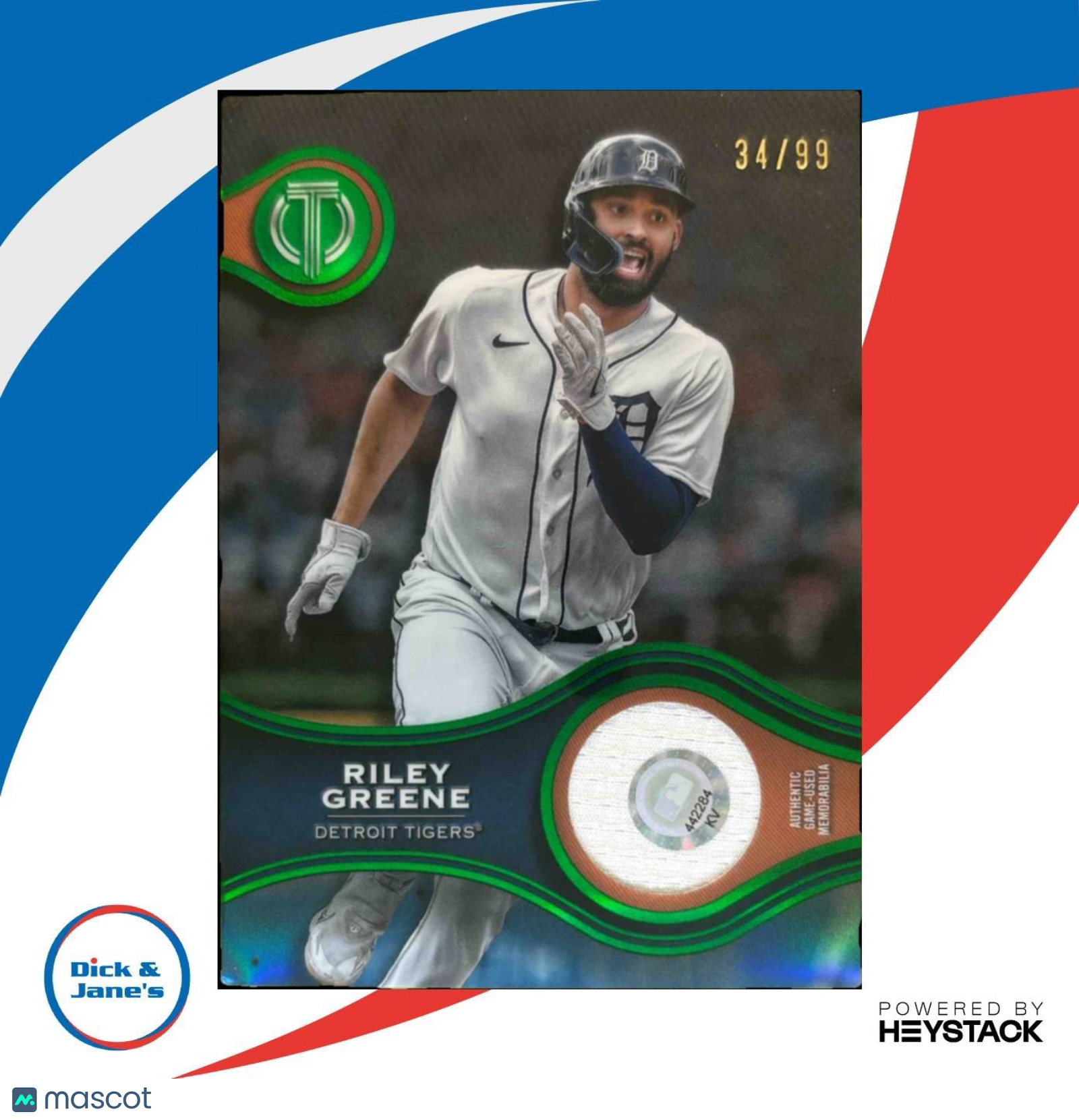 2025 Topps Tribute Riley Greene Stamp of Approval Green /99 Detroit Tigers