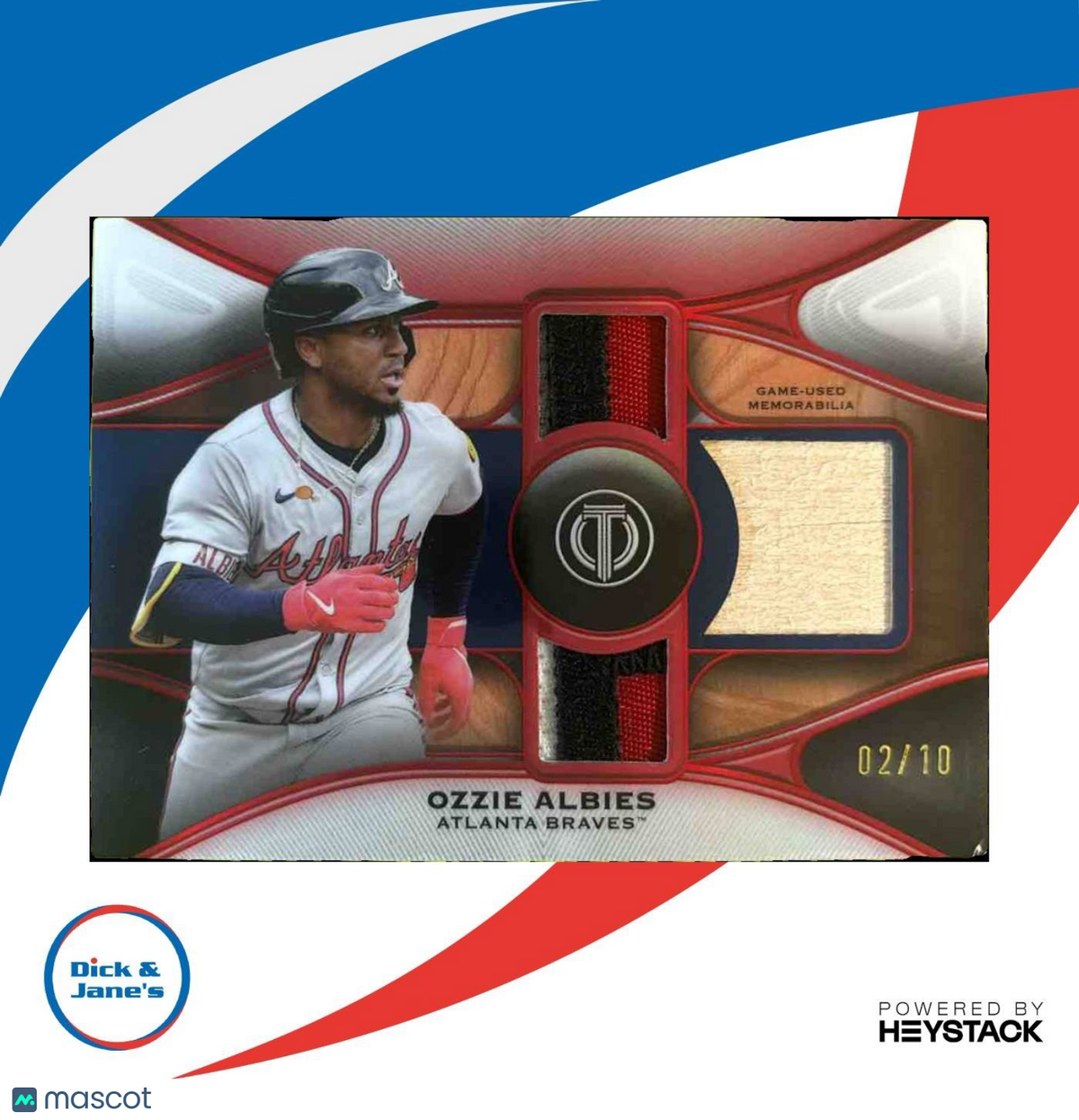 2025 Topps Tribute Ozzie Albies Triple Relics Red 2/10 Atlanta Braves