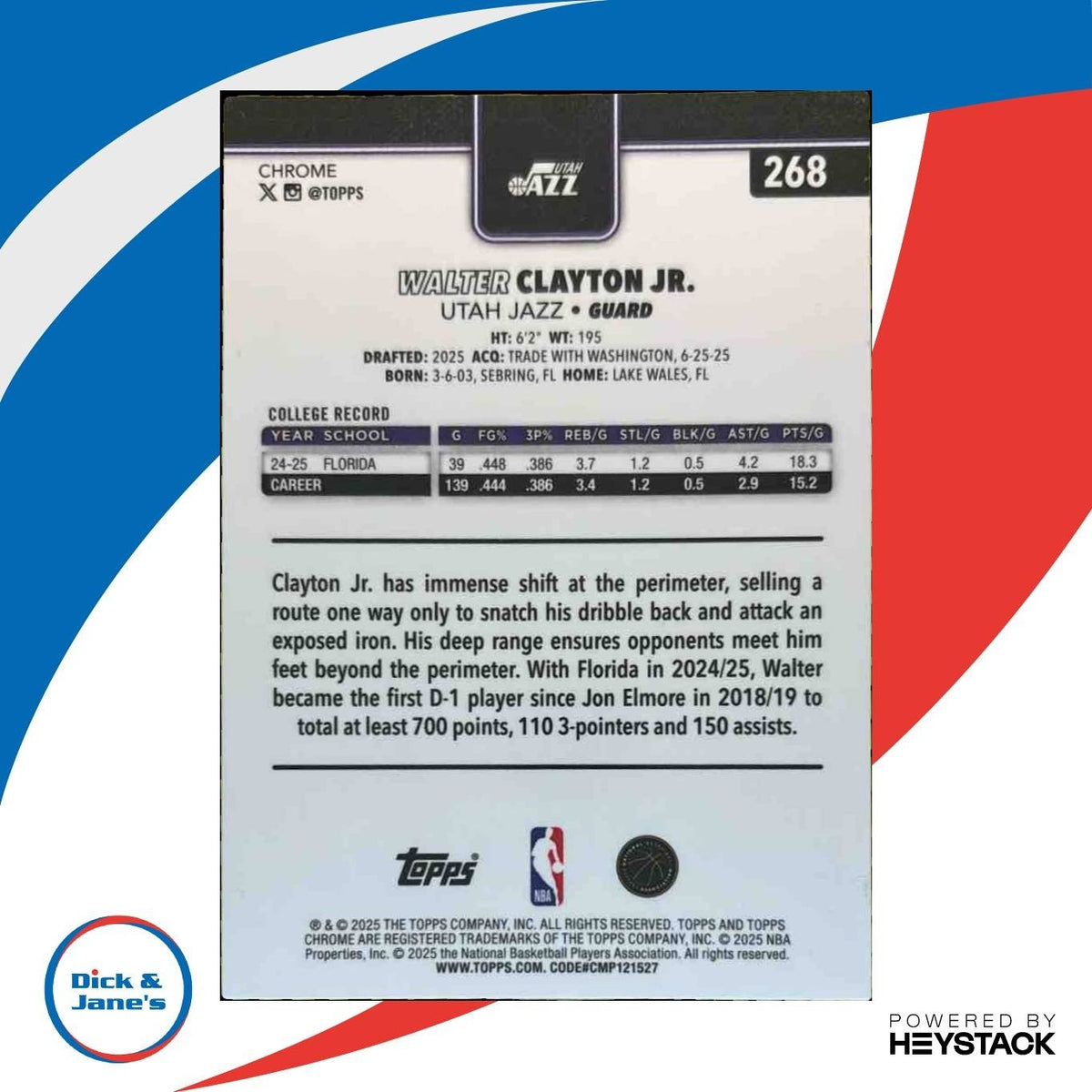 2025-26 Topps Chrome Walter Clayton Jr. RayWave Refractor #268 RC Utah Jazz