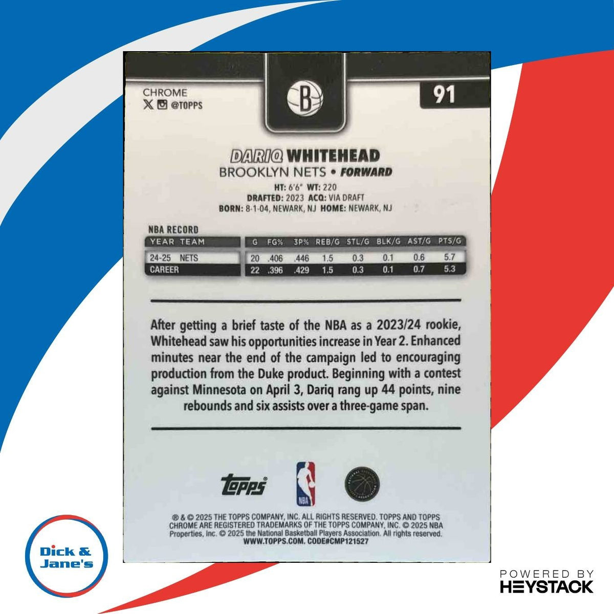 2025-26 Topps Chrome Dariq Whitehead Blue Wave Refractor /150 #91 Brooklyn Nets