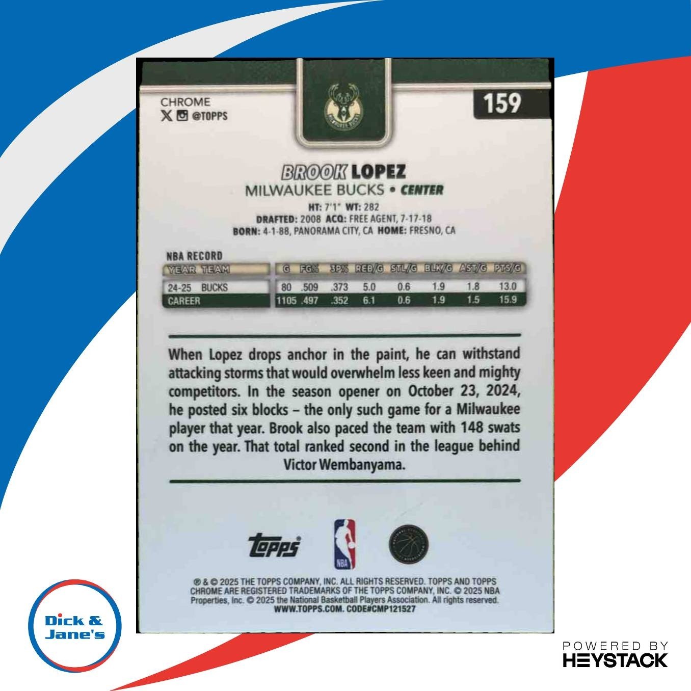 2025-26 Topps Chrome Brook Lopez Purple Wave Refractor /75 #159 Milwaukee Bucks