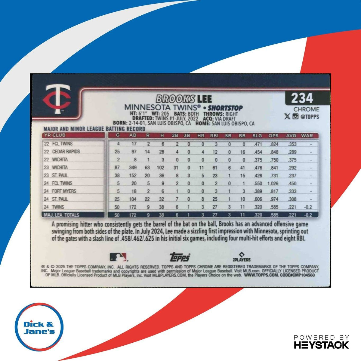 2025 Topps Chrome LogoFractor Brooks Lee Image Variation #234 RC Minnesota Twins