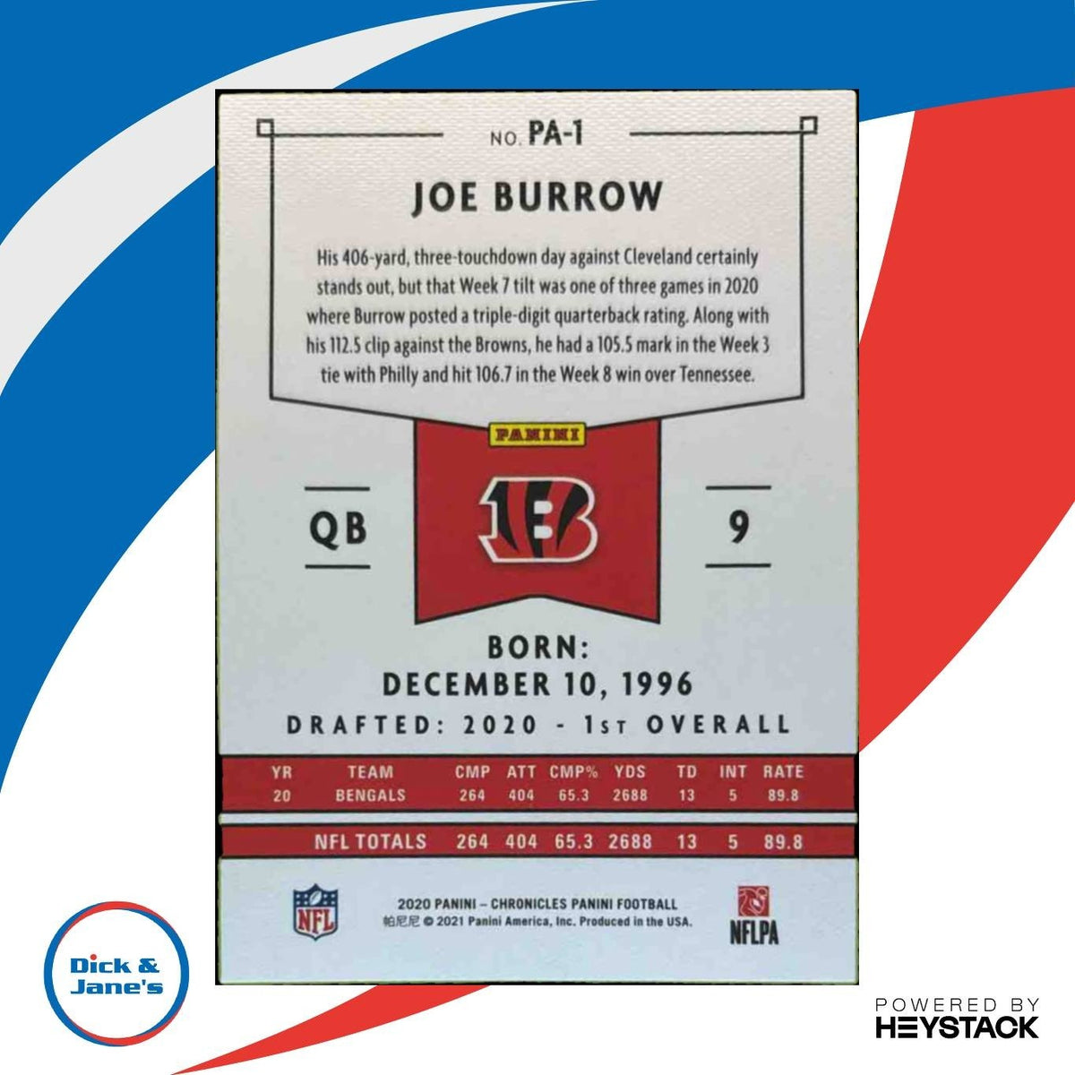 2020 Panini Chronicles Joe Burrow #PA-1 RC Cincinnati Bengals