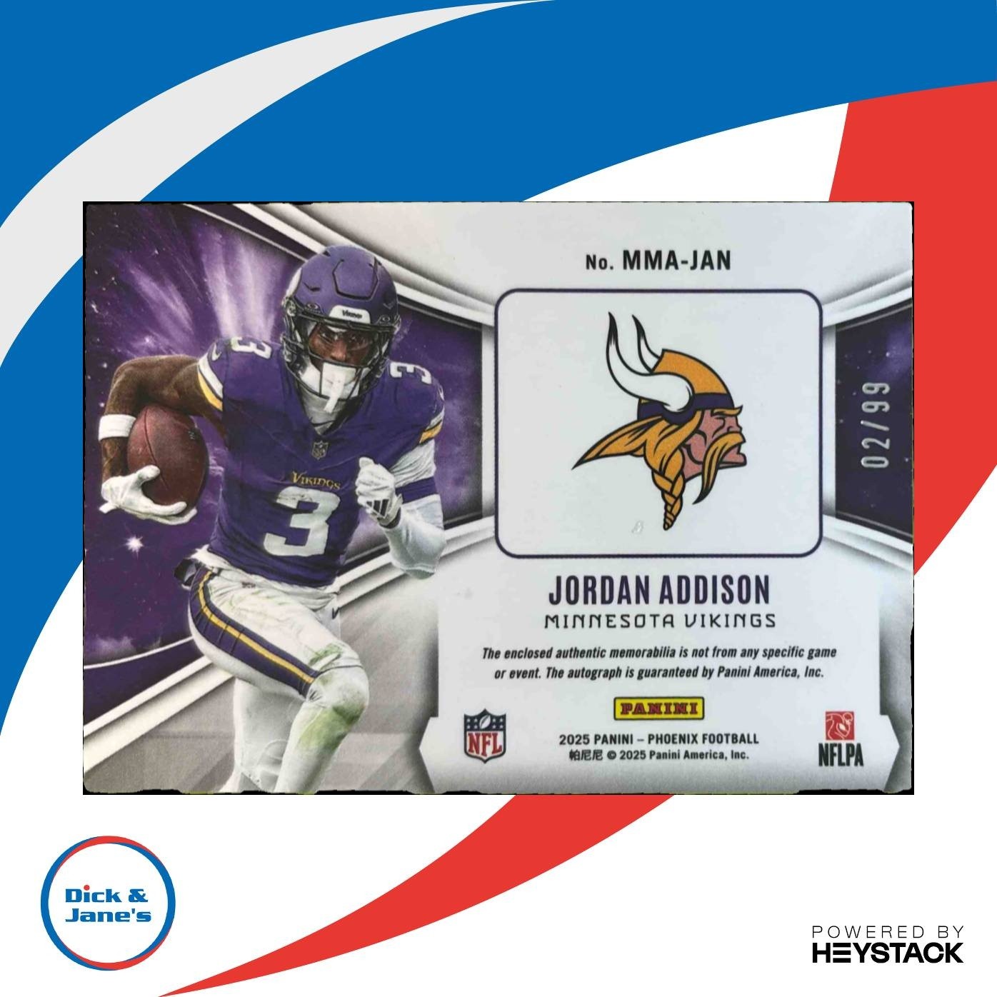 2025 Phoenix Jordan Addison Mythical Materials Auto /99 MEM Minnesota Vikings