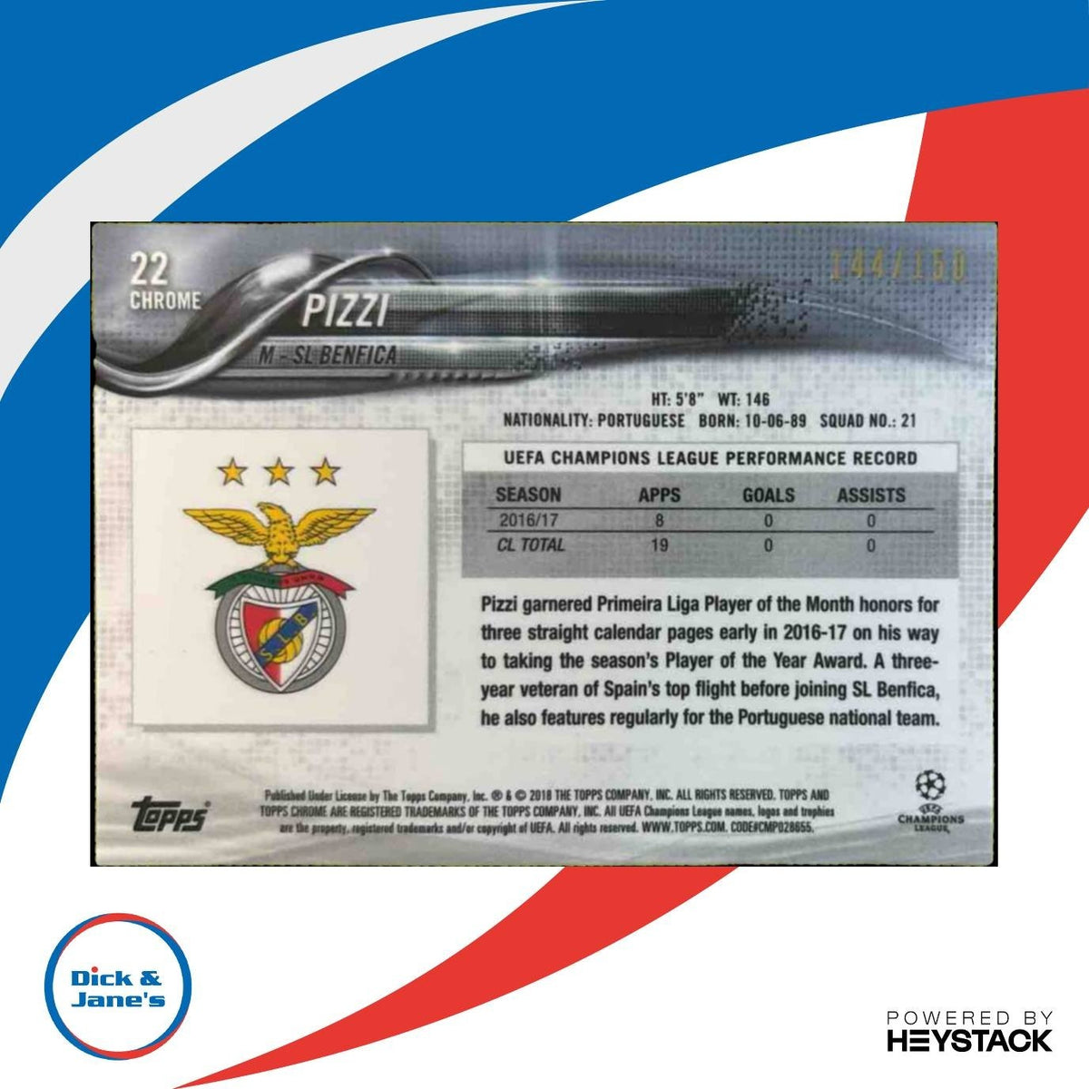 2017 Topps Chrome UEFA Champions League Pizzi Blue Refractor /150 #22 Benfica