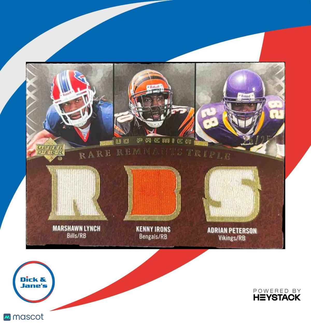 2007 UD Premier Adrian Peterson Marshawn Lynch Irons Remnants Triple Patch /25
