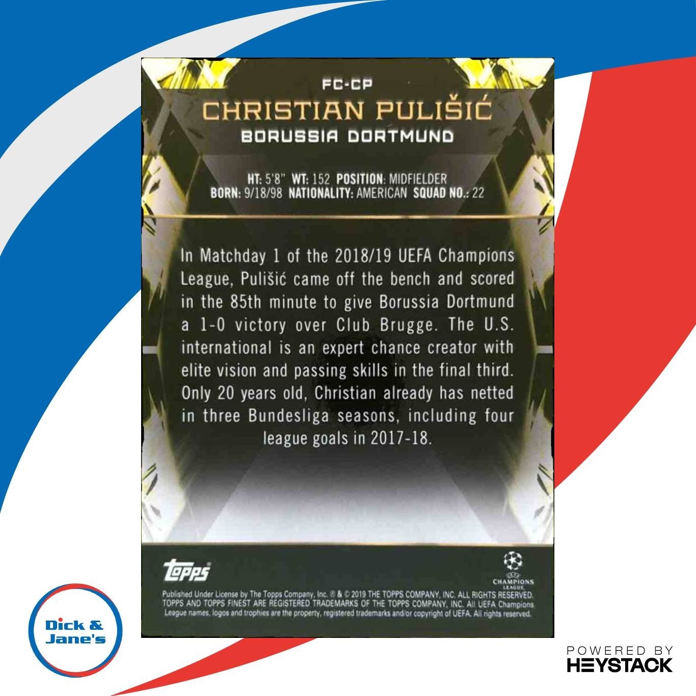 2018 Topps Finest UEFA Champions League Christian Pulisic Cornerstones Borussia
