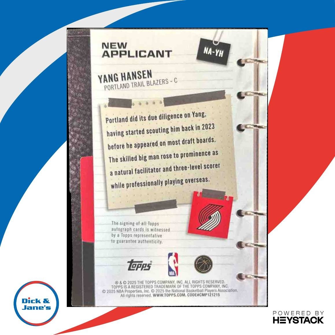 2025-26 Topps Yang Hansen New Applicants Auto #NA-YH RC Portland Trail Blazers