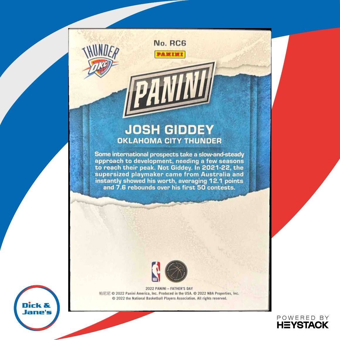 2022 Panini Father's Day Josh Giddey Rookies Red /99 #RC6 Oklahoma City Thunder