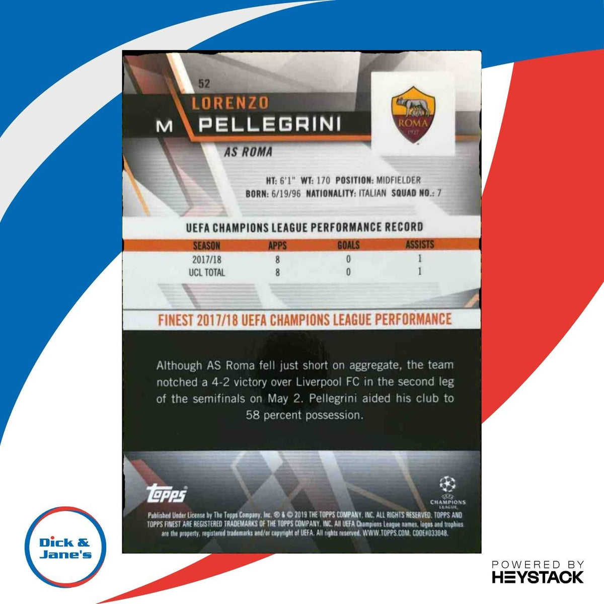 2018 Topps Finest UEFA Champions League Lorenzo Pellegrini Purple Refractor /250