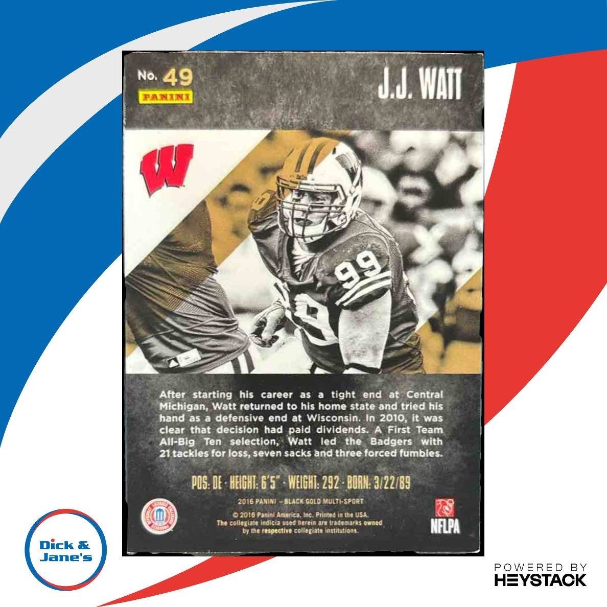 2016 Panini Black Gold Collegiate J.J. Watt /99 #49 Wisconsin Badgers
