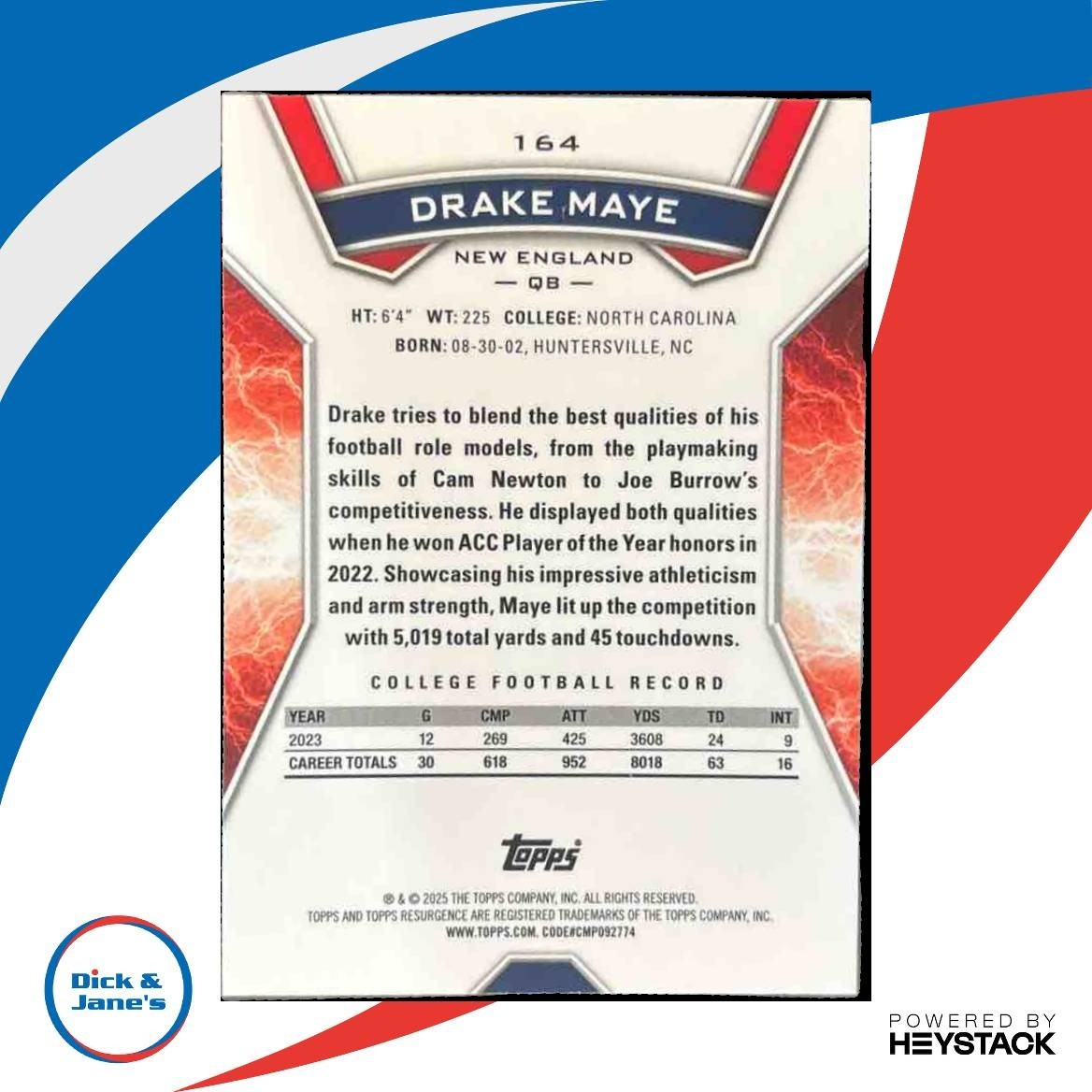 2024 Topps Resurgence Drake Maye Yellow Surge /225 #164 RC New England Patriots