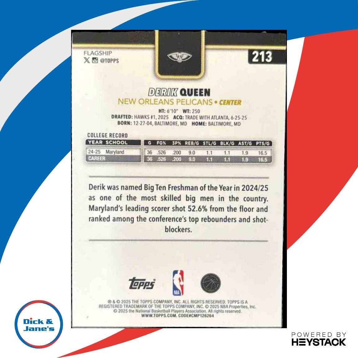 2025-26 Topps Derik Queen Blackout Variation #213 New Orleans Pelicans