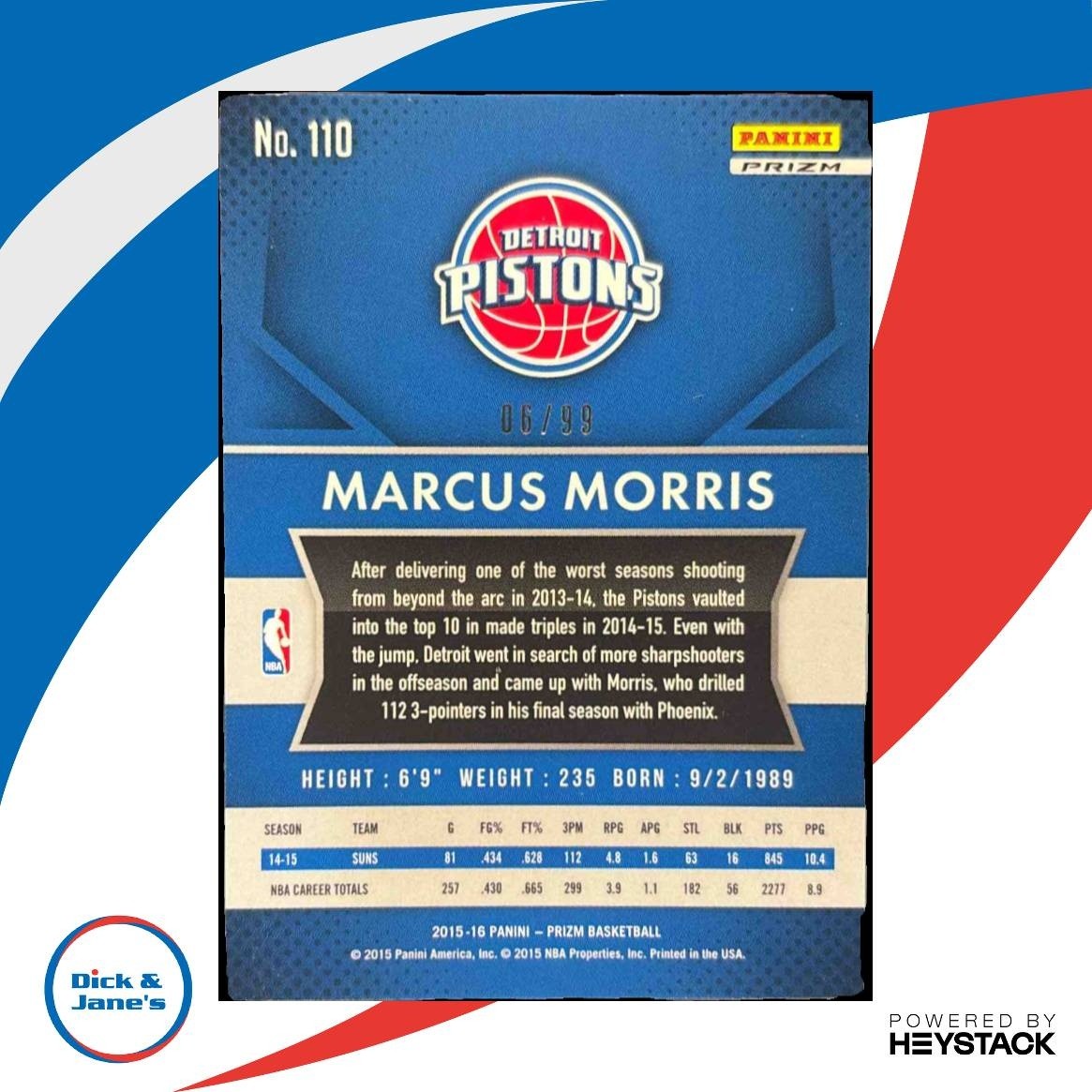 2015-16 Panini Prizm Marcus Morris Purple Prizms 6/99 #110 Detroit Pistons