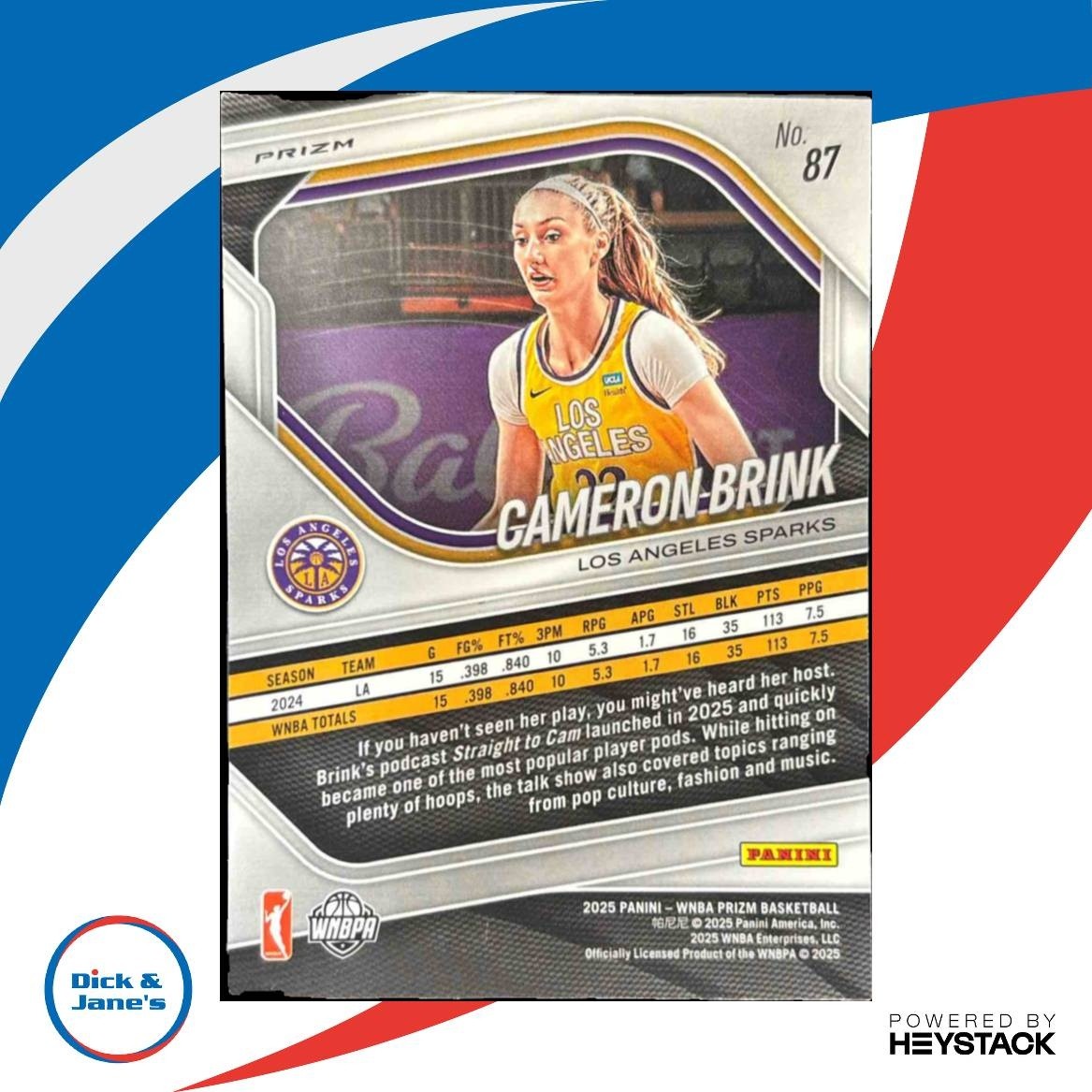 2025 Panini WNBA Prizm Cameron Brink Blue Velocity Prizms #87 Los Angeles Sparks