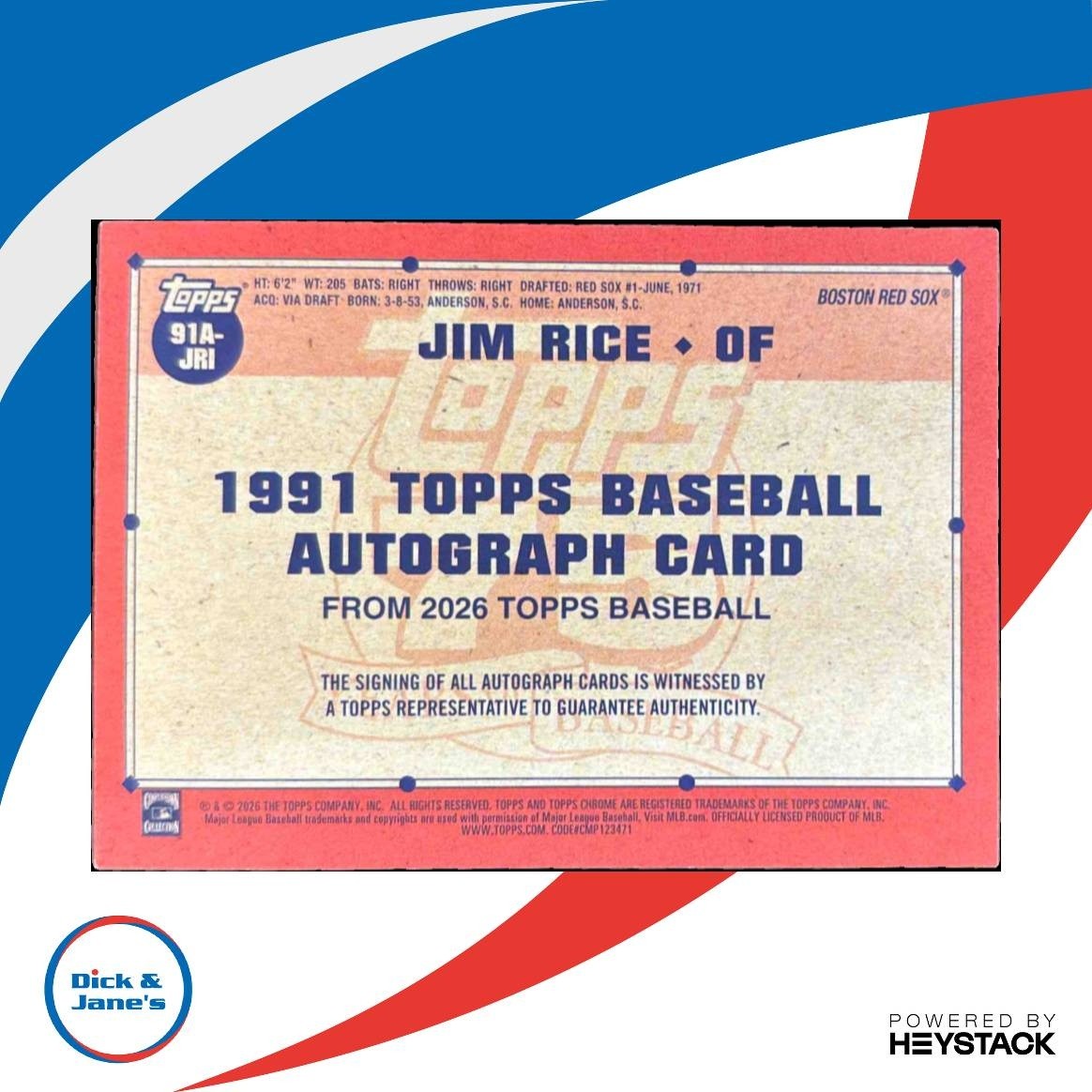 2026 Topps Jim Rice 1991 Auto Blue 57/150 #91A-JRI Boston Red Sox